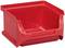 Czerwone plastikowe pudełko z otwartą przednią częścią, przeznaczone do przechowywania i organizacji drobnych elementów w warsztatach lub magazynach.