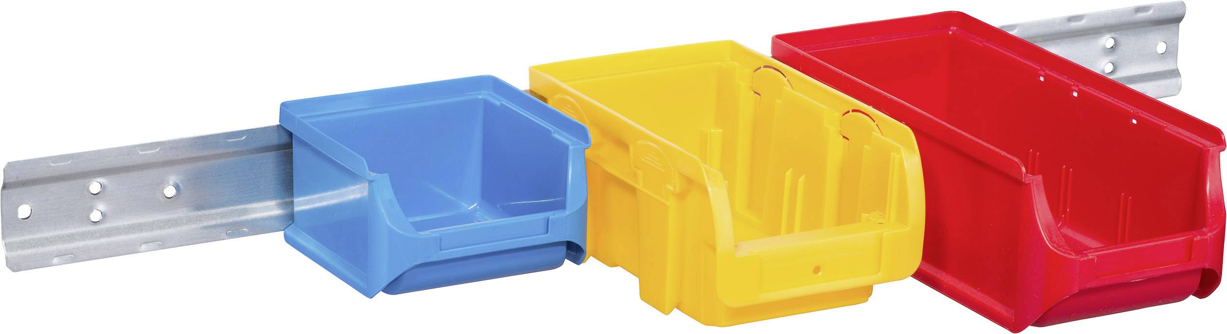 Trzy kolorowe pojemniki z tworzywa sztucznego (niebieski, żółty, czerwony) są przymocowane do metalowej szyny i służą do przechowywania drobnych elementów.