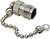 Metalowy wtyk z osłoną łańcuchową. Wtyk posiada żebrowaną cześć chwytową i łańcuch składający się z ogniw kulistych.