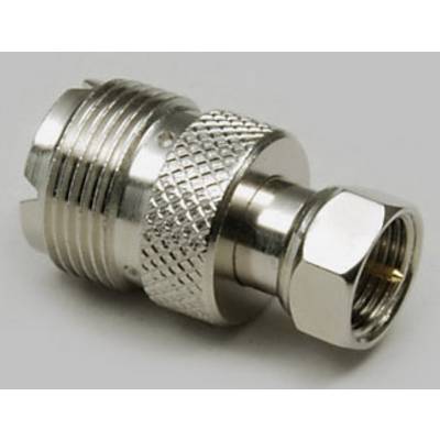 Metalowy adapter z rowkowaną powierzchnią, gwintem śrubowym i sześciokątnym złączem, typowo stosowany do połączeń elektrycznych.