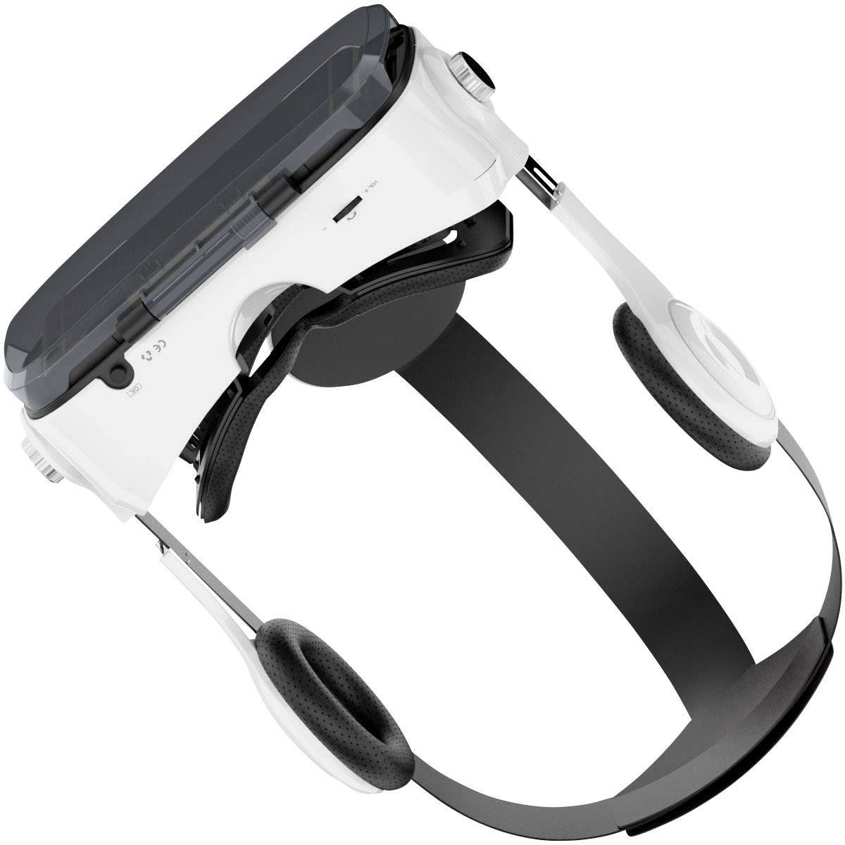 Gogle VR z czarno-białym designem, wyposażone w regulowane paski oraz zintegrowane słuchawki.