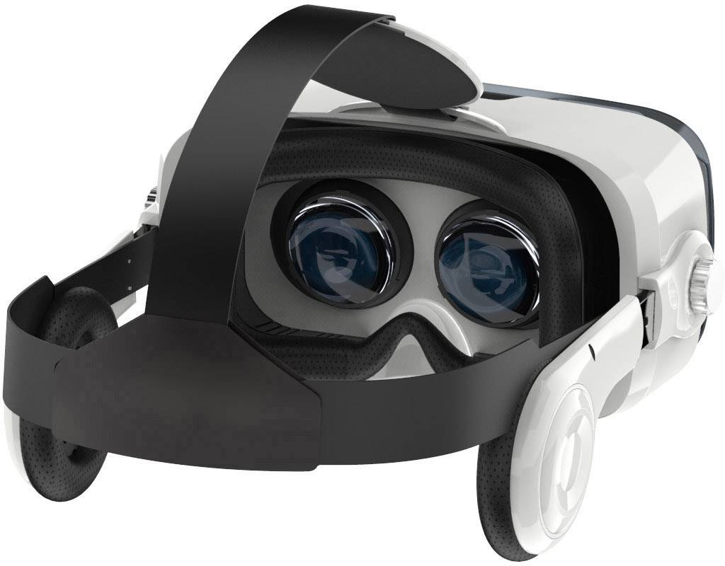 Gogle wirtualnej rzeczywistości w białym kolorze z czarnym paskiem nagłownym i soczewkami, z widocznymi bocznymi pokrętłami do regulacji dopasowania.