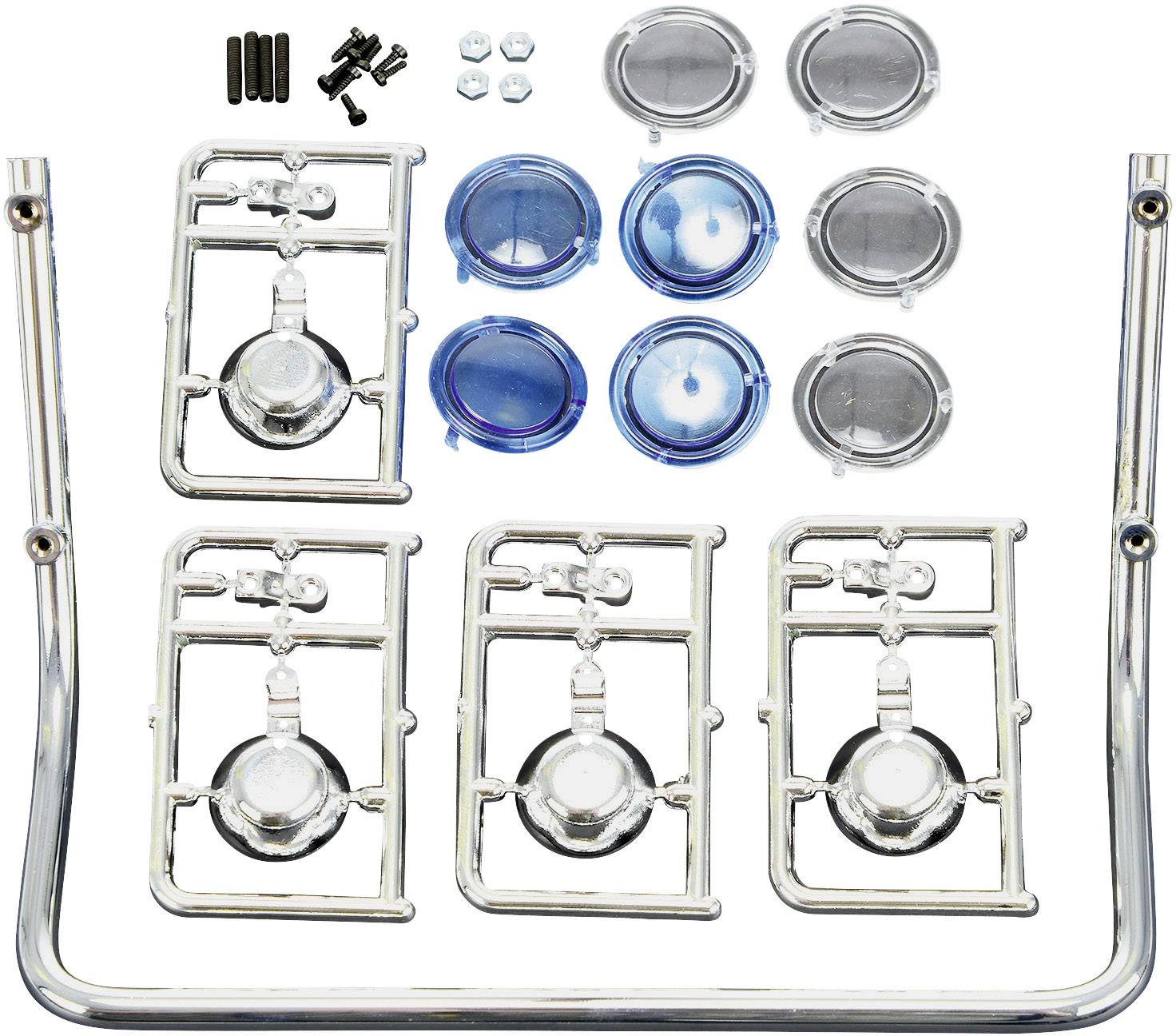 Zestaw akcesoriów modelarskich z rurami, siatkami, pokrywami i śrubami, ułożony na białym tle.