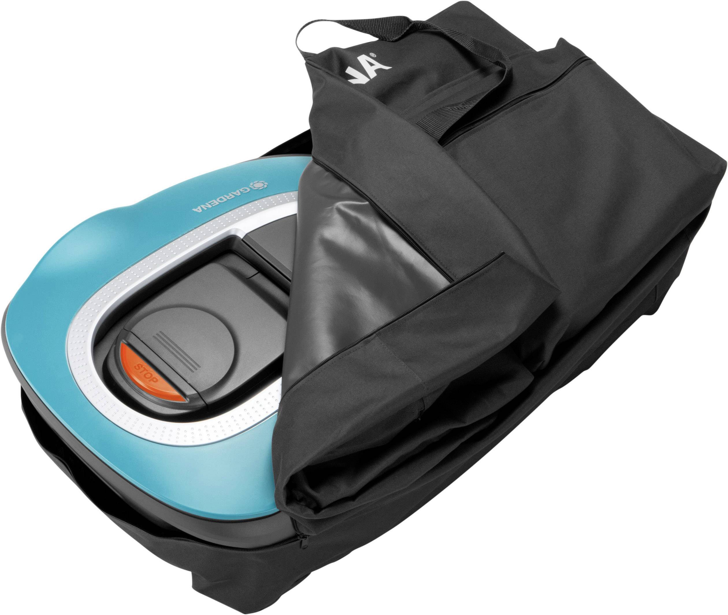 Robot koszący w czarnej torbie transportowej, częściowo widoczny. Robot jest niebieski z pomarańczowym przyciskiem.