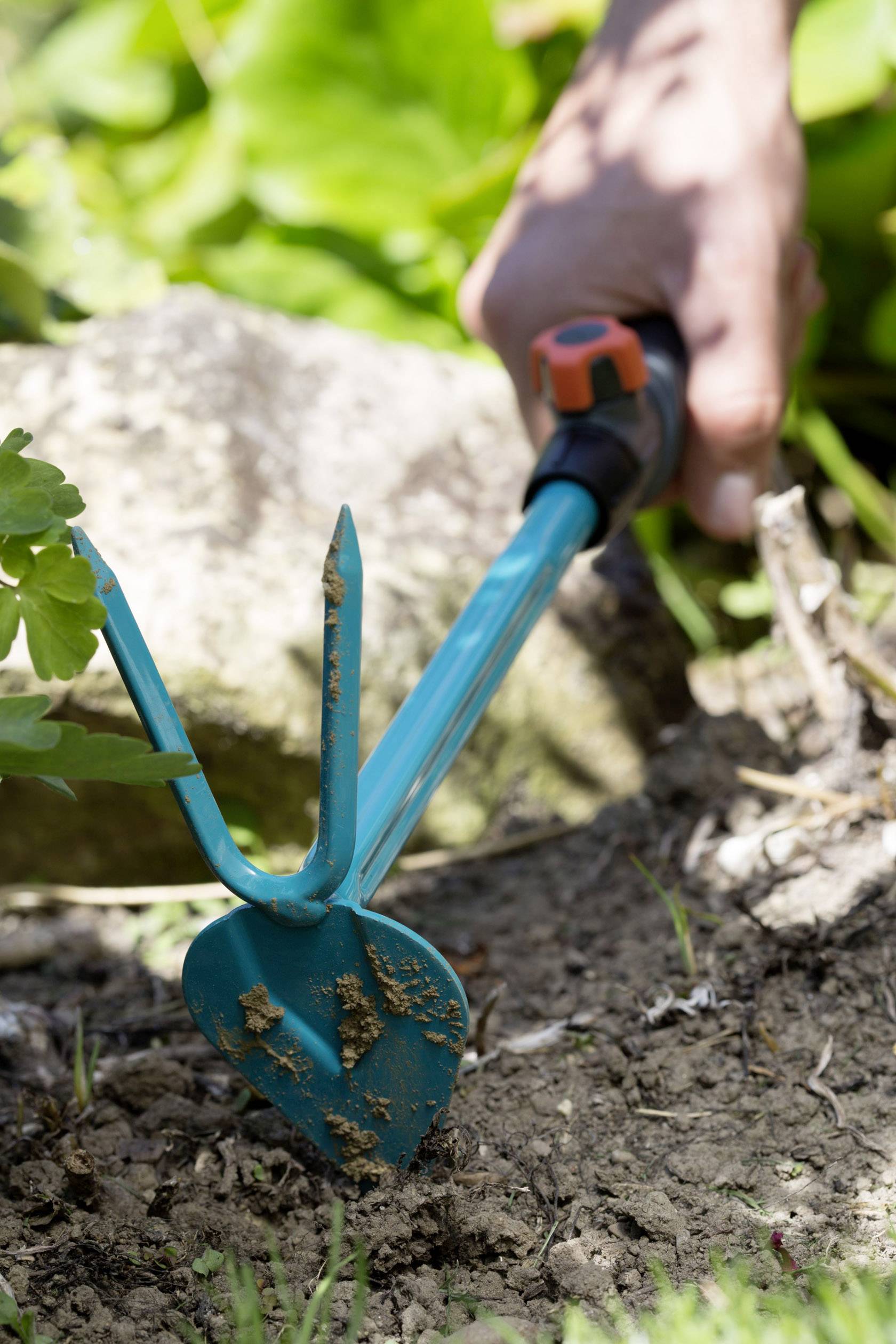 Jedna ręka trzyma narzędzie ogrodnicze, które przekopuje ziemię w grządce. W tle widać nieostre liście.