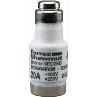 Biała wkładka bezpiecznikowa z napisem 'Ferraz Shawmut Lindner-NEOZED DO2GG40V20'. Parametry napięciowe: 400V i 250V, 20A.