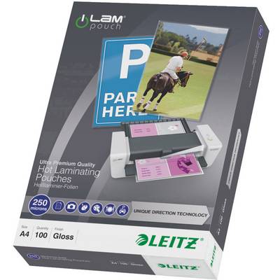 Opakowanie na folie laminacyjne Leitz z obrazem wyścigu koni. Zawiera szczegóły dotyczące rozmiaru, ilości i materiału błyszczącego.