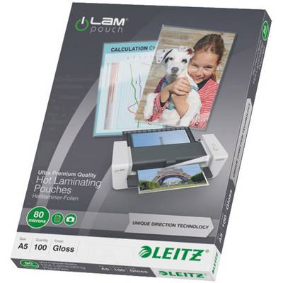 Opakowanie na folie laminacyjne 'Leitz'. Przedstawia urządzenie do laminacji ze zdjęciami, w tym pies z dziewczynką i krajobraz.