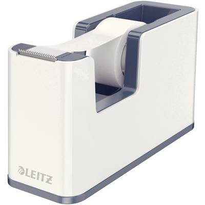Biały podajnik taśmy klejącej marki Leitz z wbudowanym mechanizmem do cięcia.