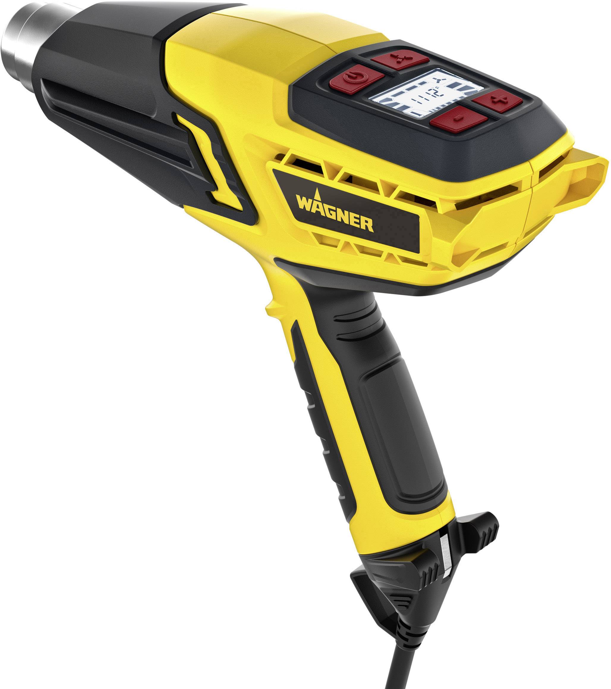 Dmuchawa gorącego powietrza w kolorach żółtym i czarnym z cyfrowymi elementami sterującymi na uchwycie. Marka 'Wagner' jest widoczna z boku.