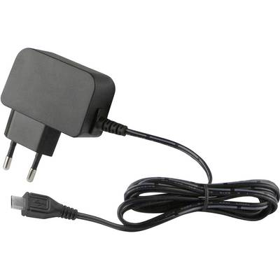 Czarny ładowarka z wtyczką i kablem Micro-USB.