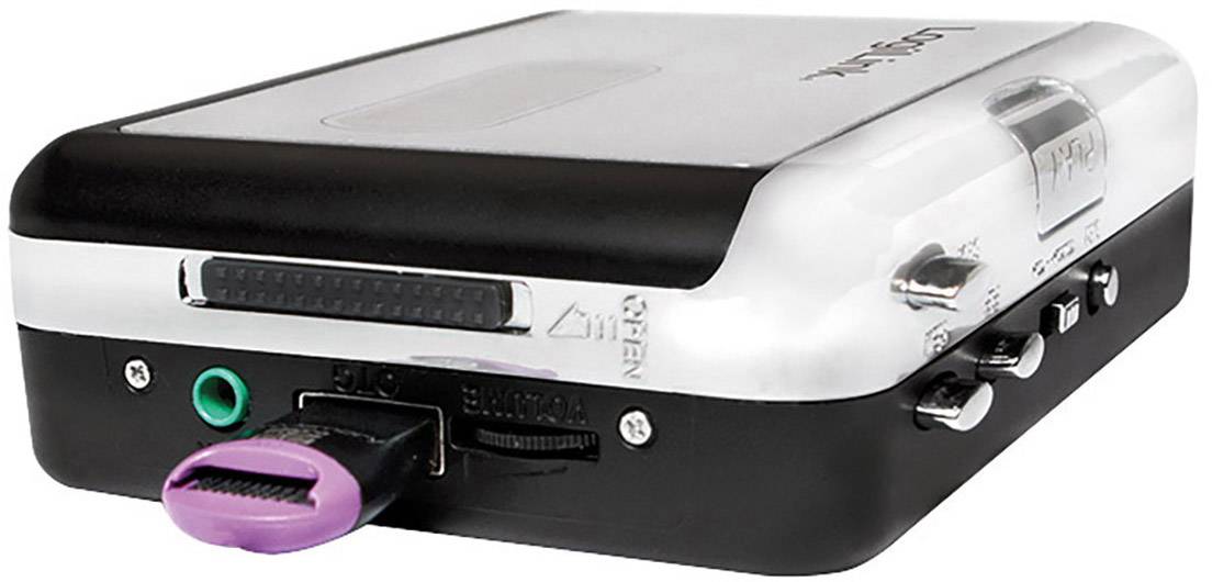 Srebrne, przenośne urządzenie kasetowe z portem USB z przodu; przeznaczone do cyfryzacji muzycznych kaset magnetofonowych.