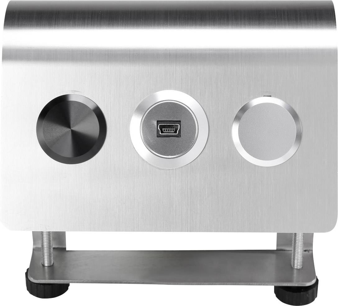 Metalowa konsola z trzema złączami w kształcie okręgu, z portem USB pośrodku, zamocowana na stabilnej podstawie.