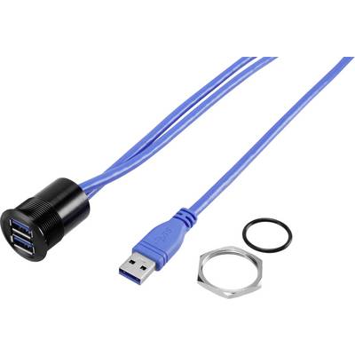 Niebieskie złącze USB z dwoma portami USB 3.0, czarnym adapterem, uszczelką i nakrętką sześciokątną; odpowiednie do montażu na panelu przednim.
