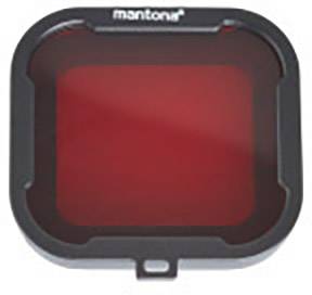 Kwadratowy, czerwono zabarwiony filtr z ramką, prawdopodobnie do zastosowań kamerowych lub obiektywowych. Na górze widnieje napis 'mantona'.
