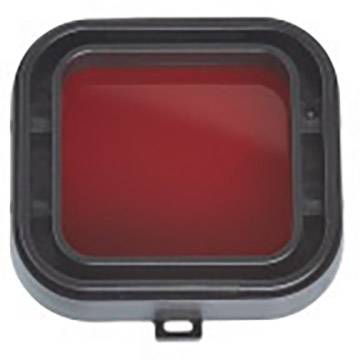 Czerwony filtr kwadratowy w czarnej oprawce, prawdopodobnie akcesorium do aparatu fotograficznego lub obiektywu.