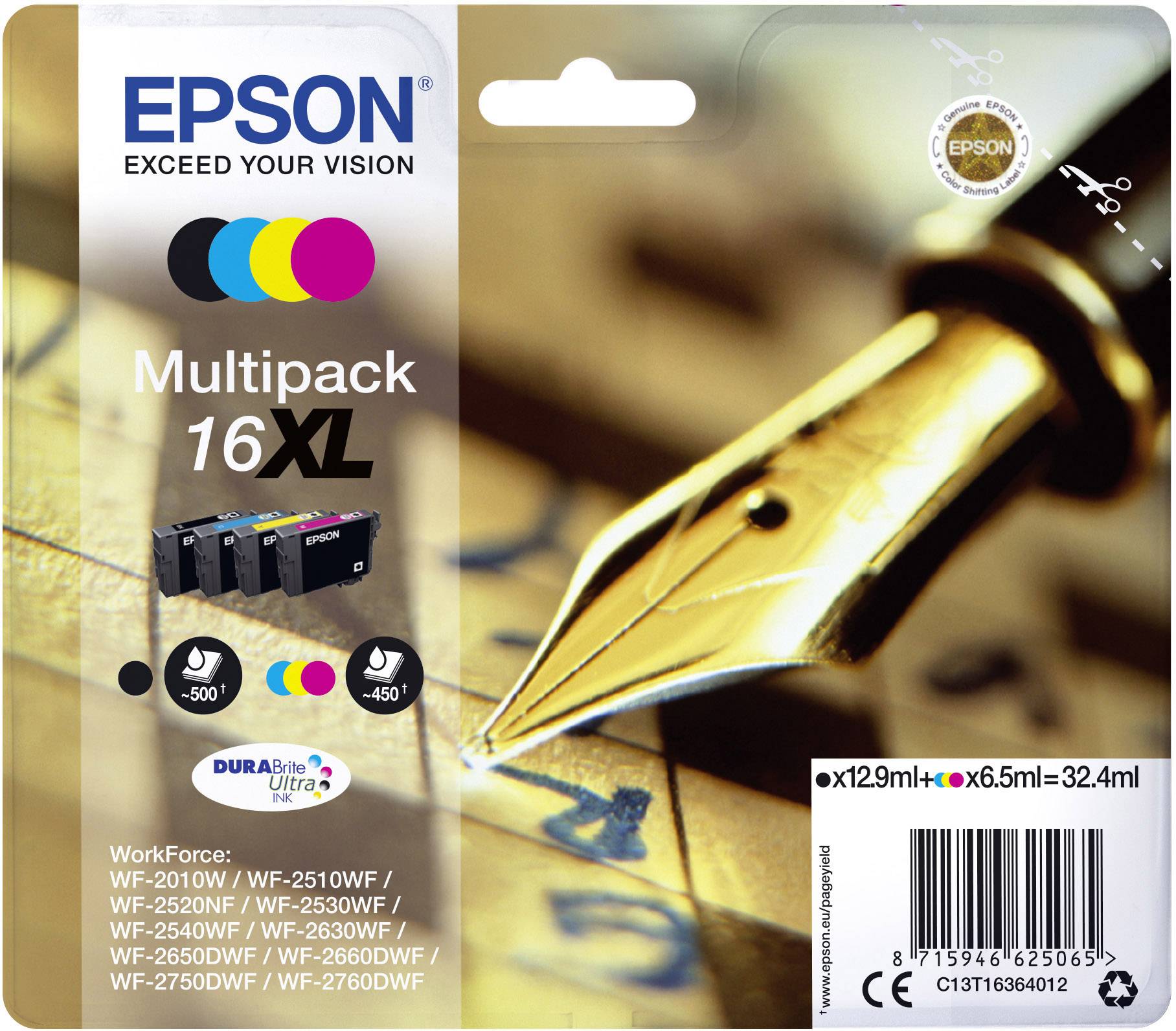 Чорнило Epson T1636, оригінальний комбінований набір чорнил 16XL: чорний, блакитний, пурпуровий, жовтий C13T16364012