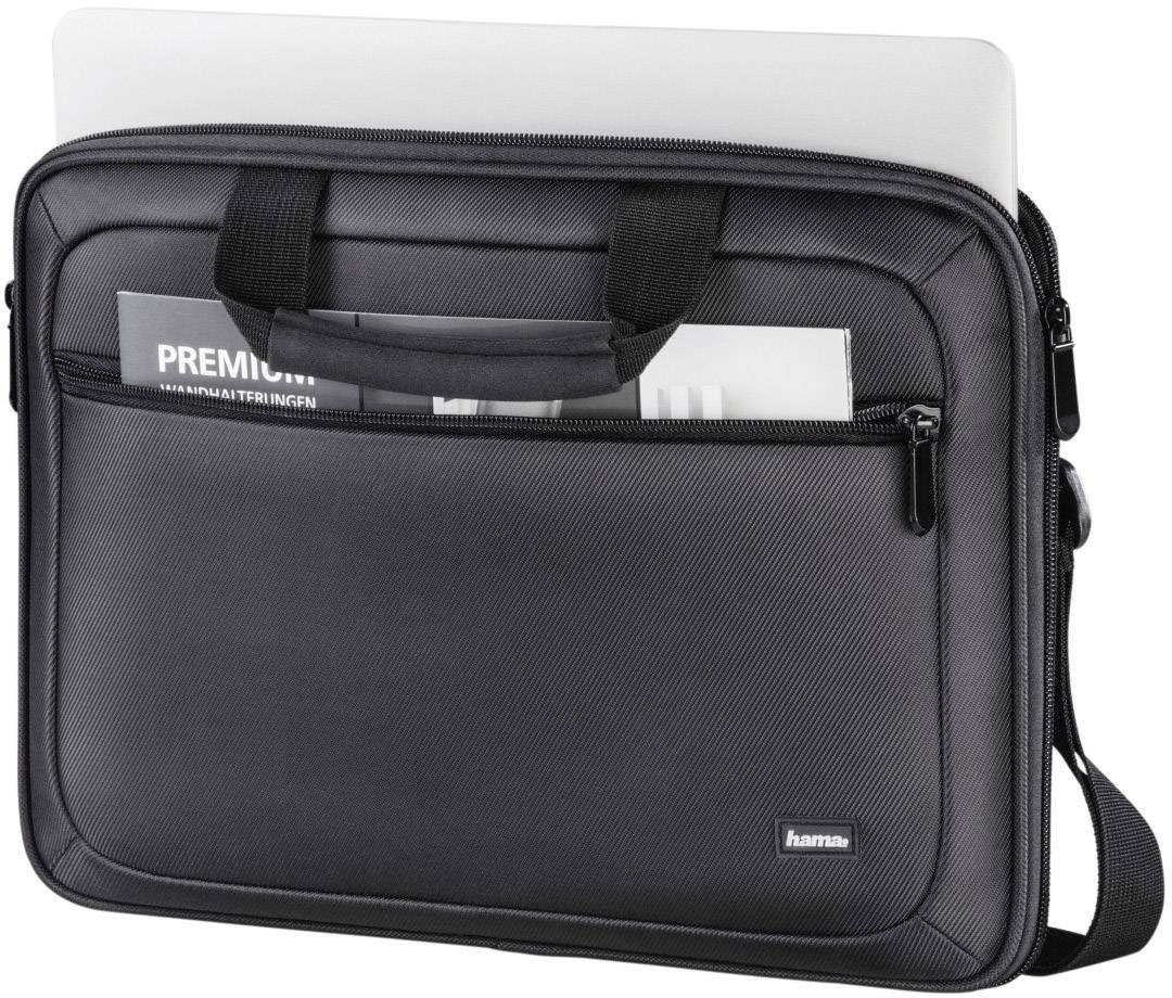 Czarna torba na laptopa z uchwytami, kieszenią zamykaną na zamek błyskawiczny oraz przezroczystą kieszenią na dokumenty. Laptop lub tablet widoczny w głównym przedziale.