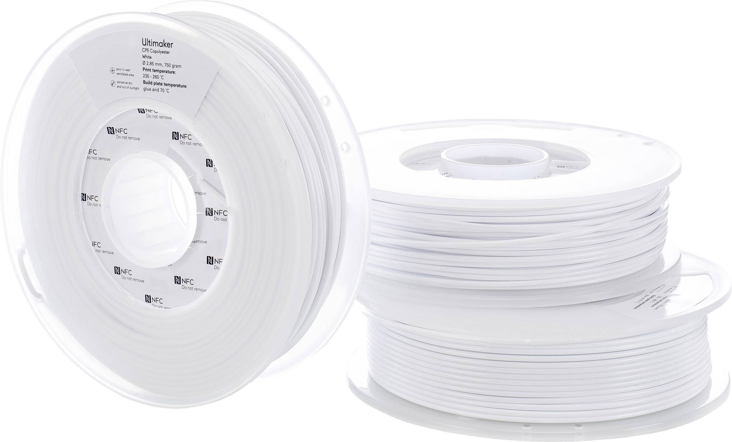 Trzy szpule białego filamentu do drukarki 3D stojące pionowo i poziomo, odpowiednie do drukarek Ultimaker.