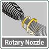 Graficzne przedstawienie prezentuje obrotową dyszę z wypływającymi strumieniami wody. Poniżej znajduje się napis 'Rotary Nozzle'.