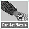 Schemat dyszy 'Fan Jet Nozzle' przedstawia wodotrysk w kształcie wachlarza.