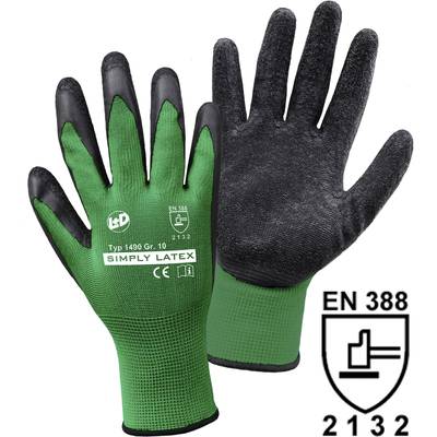 Zielone rękawice robocze z lateksu z czarną wewnętrzną stroną. Nadruk: 'Typ 1490 Gr. 10 SIMPLY LATEX EN 388 2132'.