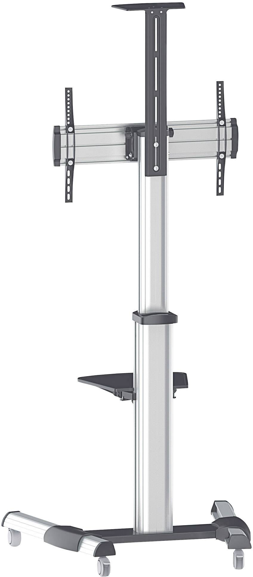 Regulowana wysokościowo podstawa telewizyjna na kółkach z półką do przechowywania urządzeń, odpowiednia do prezentacji lub użytku podczas targów.