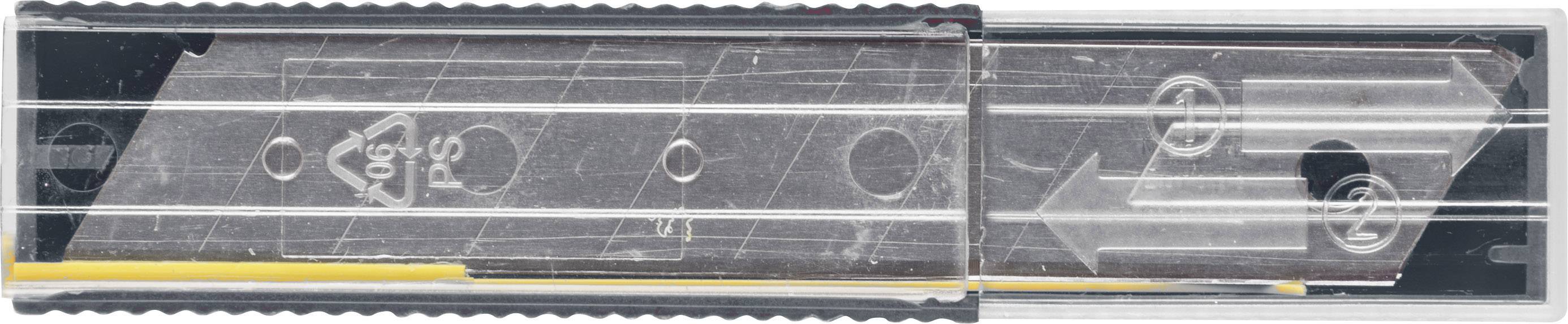 Ostrza wymienne w przezroczystym opakowaniu z tworzywa sztucznego. Ostrza mają oznaczenia i są ułożone w rzędzie.