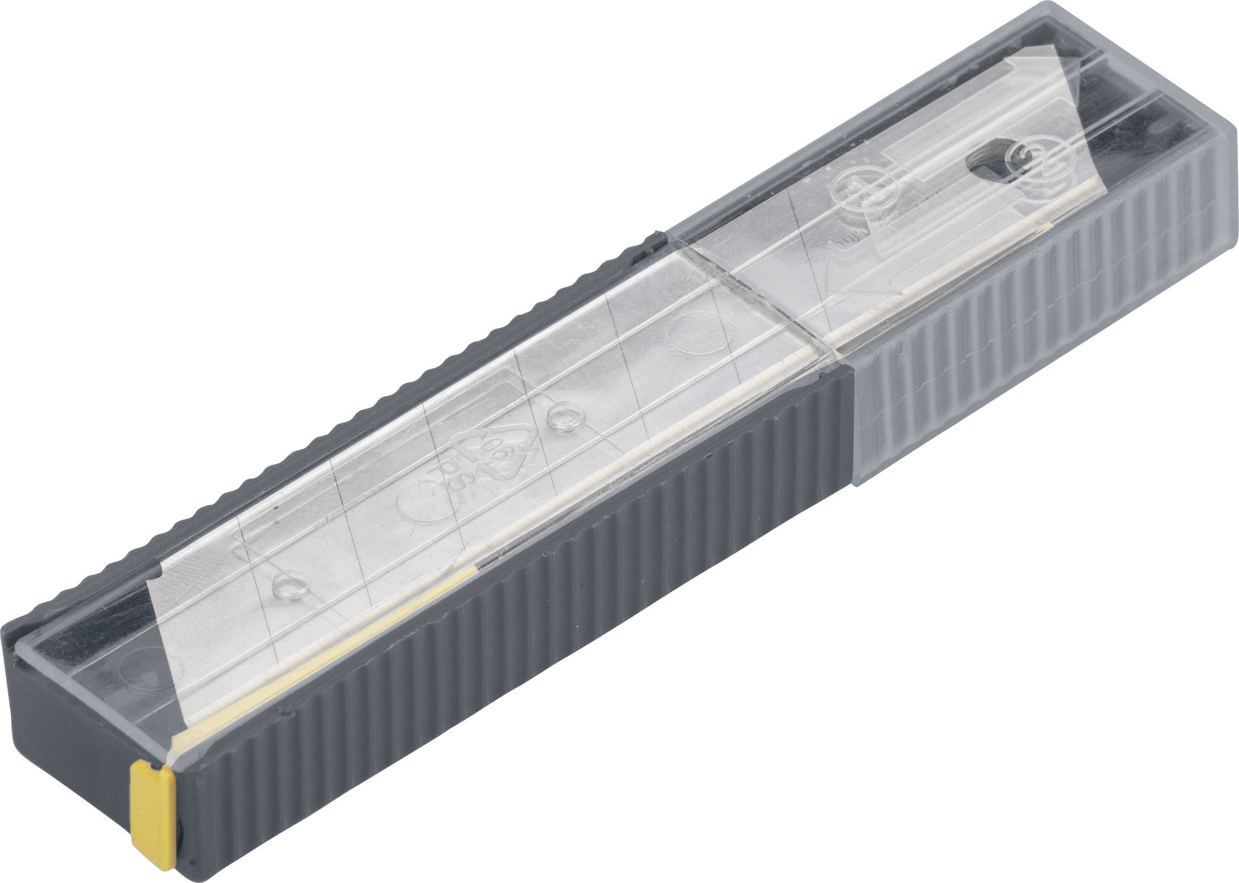 Szary pojemnik z przezroczystą pokrywką, zawierający kilka zapasowych ostrzy.