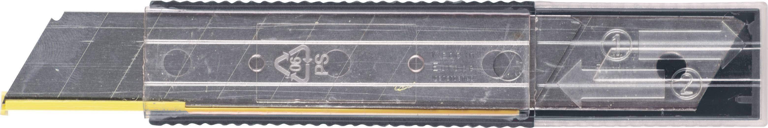 Zbliżenie składanego noża uniwersalnego z częściowo wysuniętym ostrym, srebrnym ostrzem.