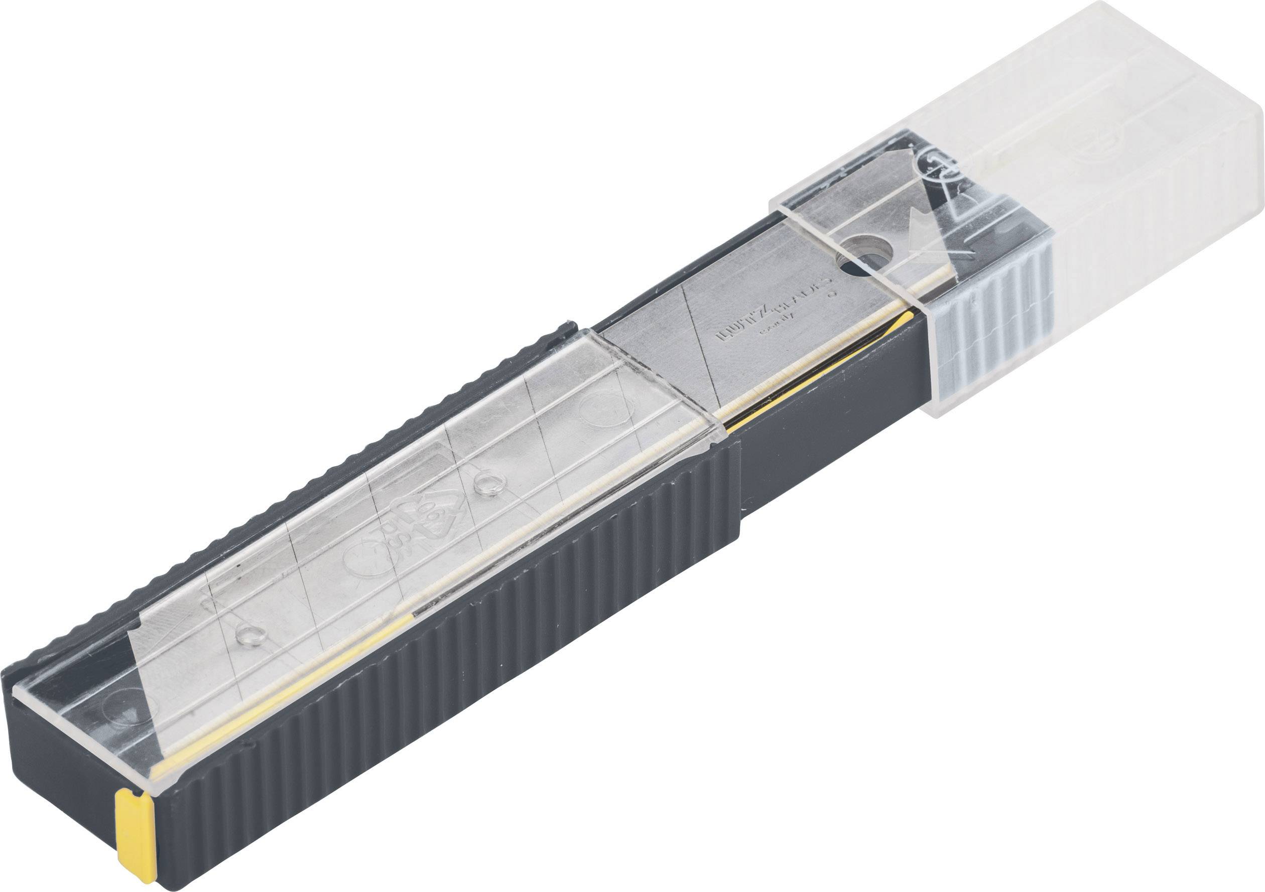 Czarny nóż techniczny z żółtym ostrzem, złożony, ułożony poziomo, na prostokątnym obrazie, z przezroczystą plastikową osłoną na jednym końcu.