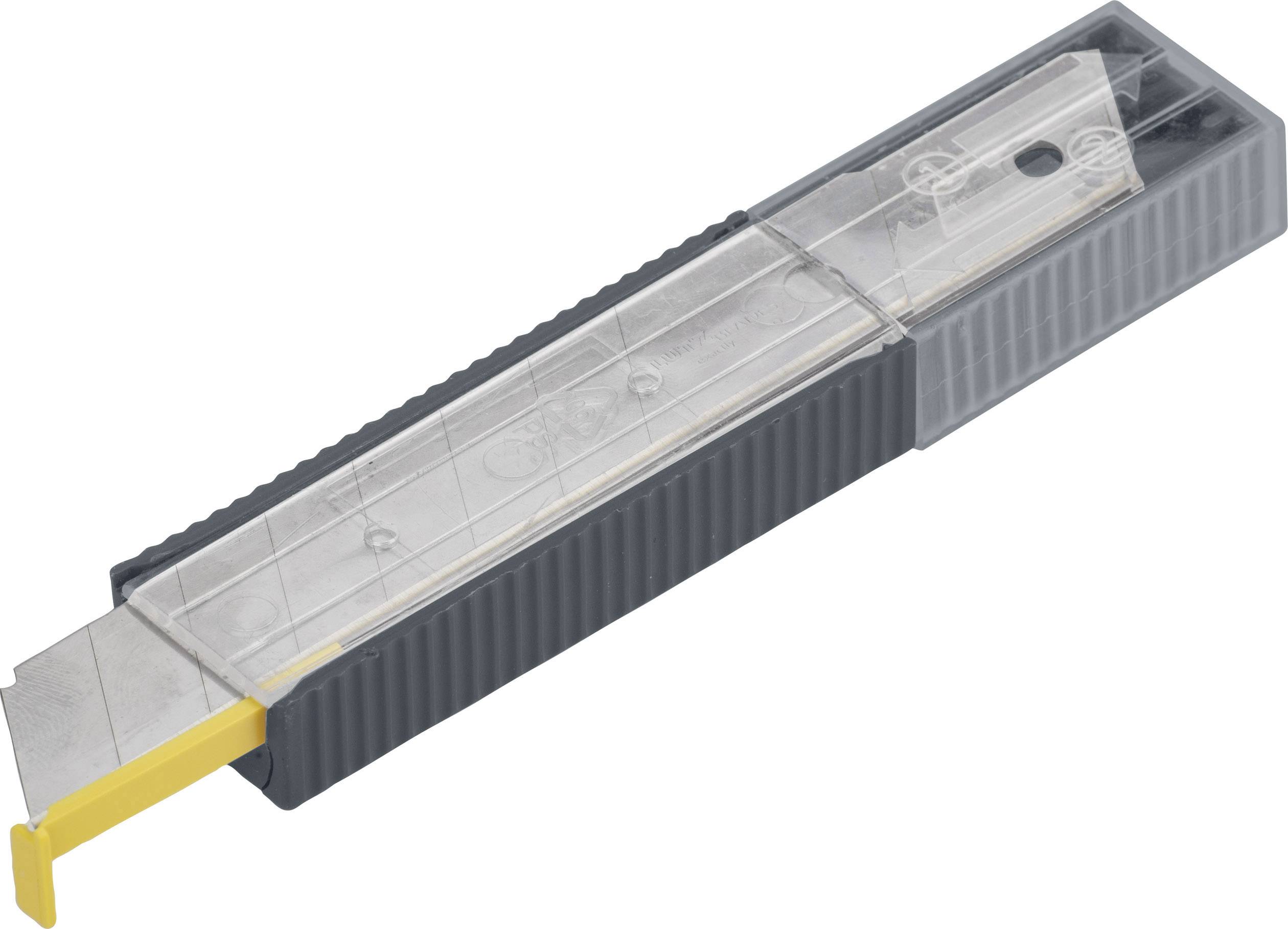 Szary i żółty zestaw ostrzy do noża w przezroczystej plastikowej obudowie, bezpiecznie przechowujący ostrza.