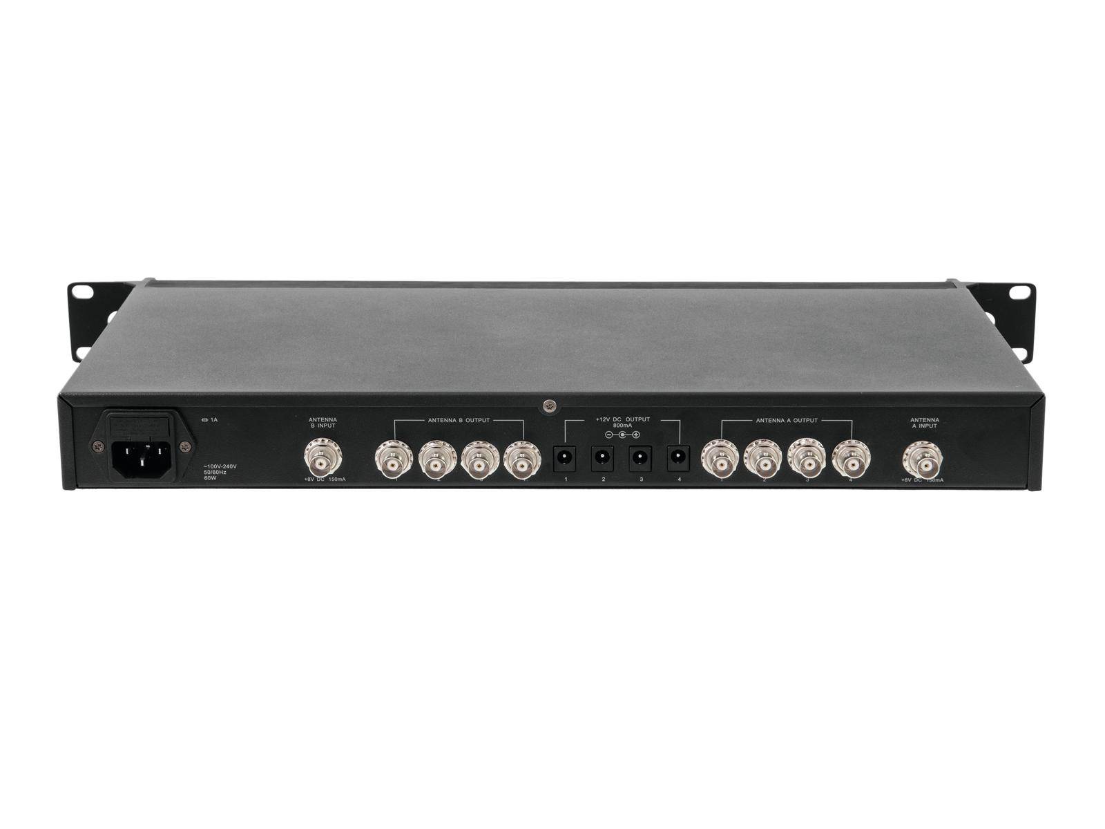 Czarny 8-kanałowy rozdzielacz wideo LCD do montażu w szafie rack z złączami BNC i gniazdem zasilania, przeznaczony do systemów monitoringu wizyjnego.