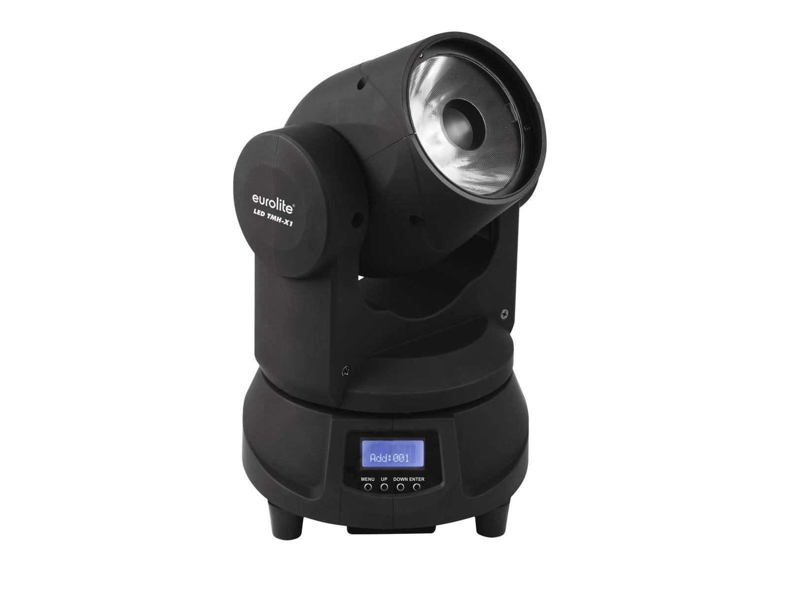 Czarny, obrotowy reflektor LED z cyfrowym wyświetlaczem na przedniej stronie. Napis 'eurolite LED TMH-7' z boku.