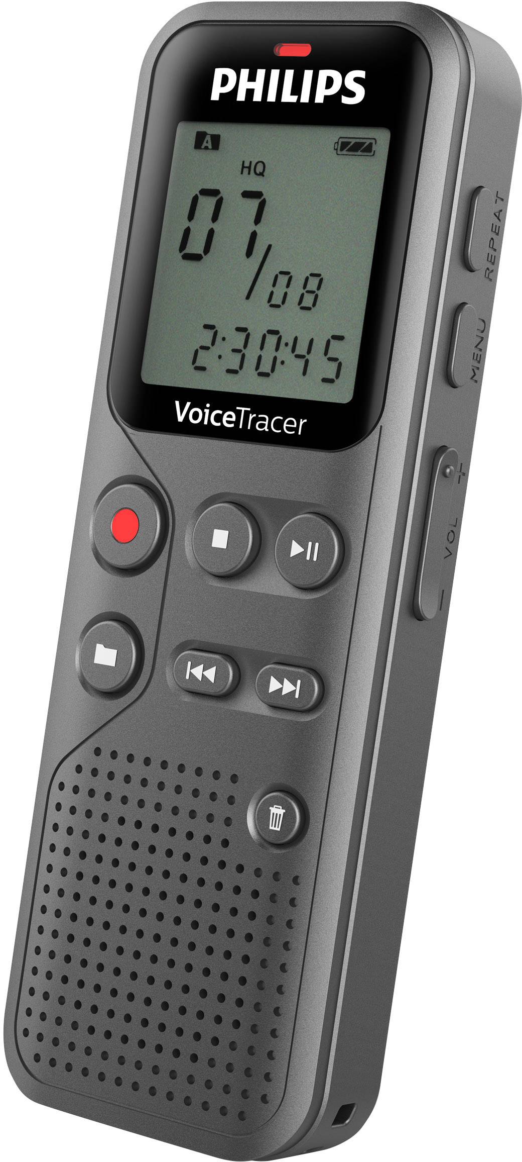 Czarny rejestrator dźwięku Philips VoiceTracer z wyświetlaczem, pokazujący 2:30:45 czasu nagrania. Posiada przyciski do nagrywania, odtwarzania, pauzy i regulacji głośności.