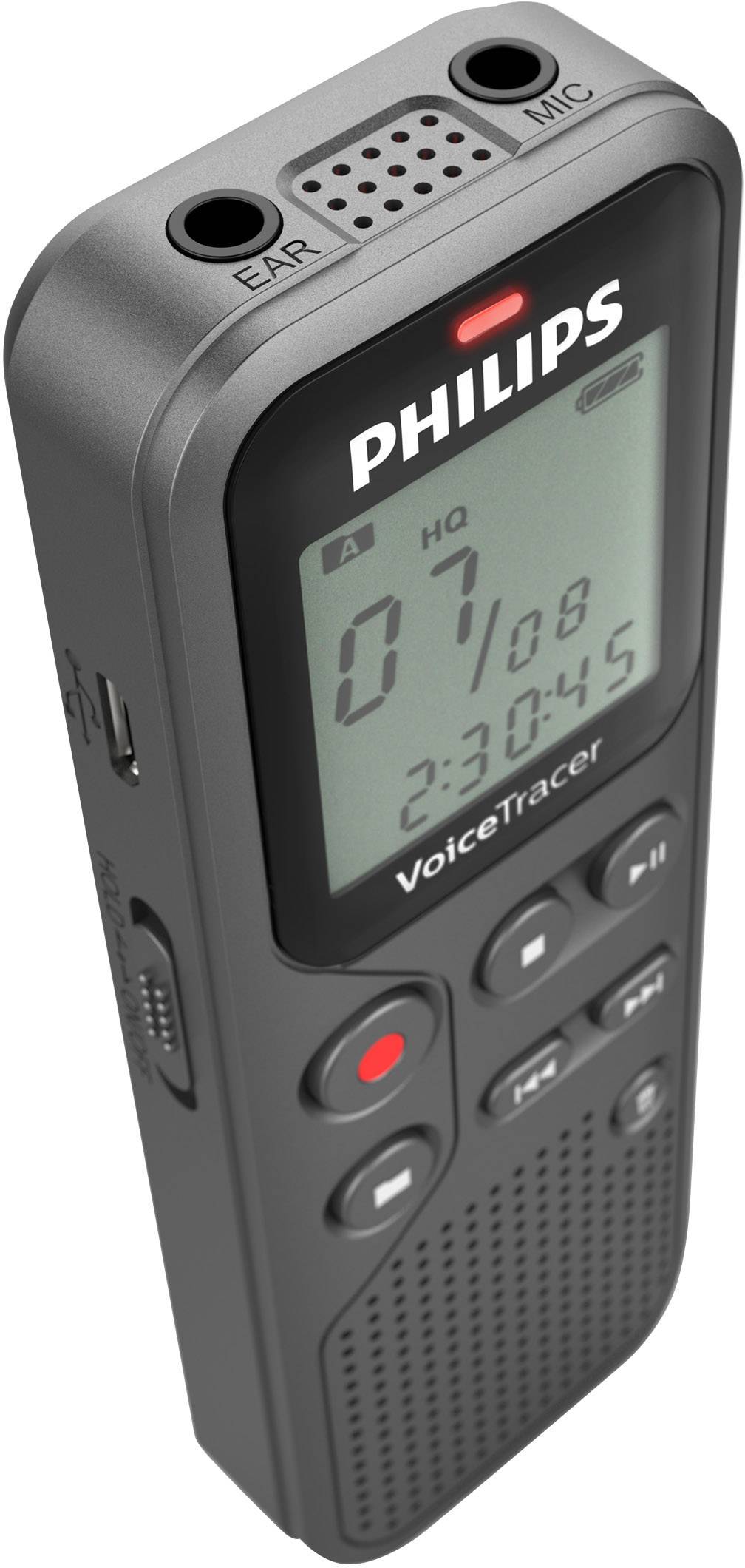 Obraz przedstawia czarny cyfrowy dyktafon marki Philips z wyświetlaczem pokazującym datę i godzinę.