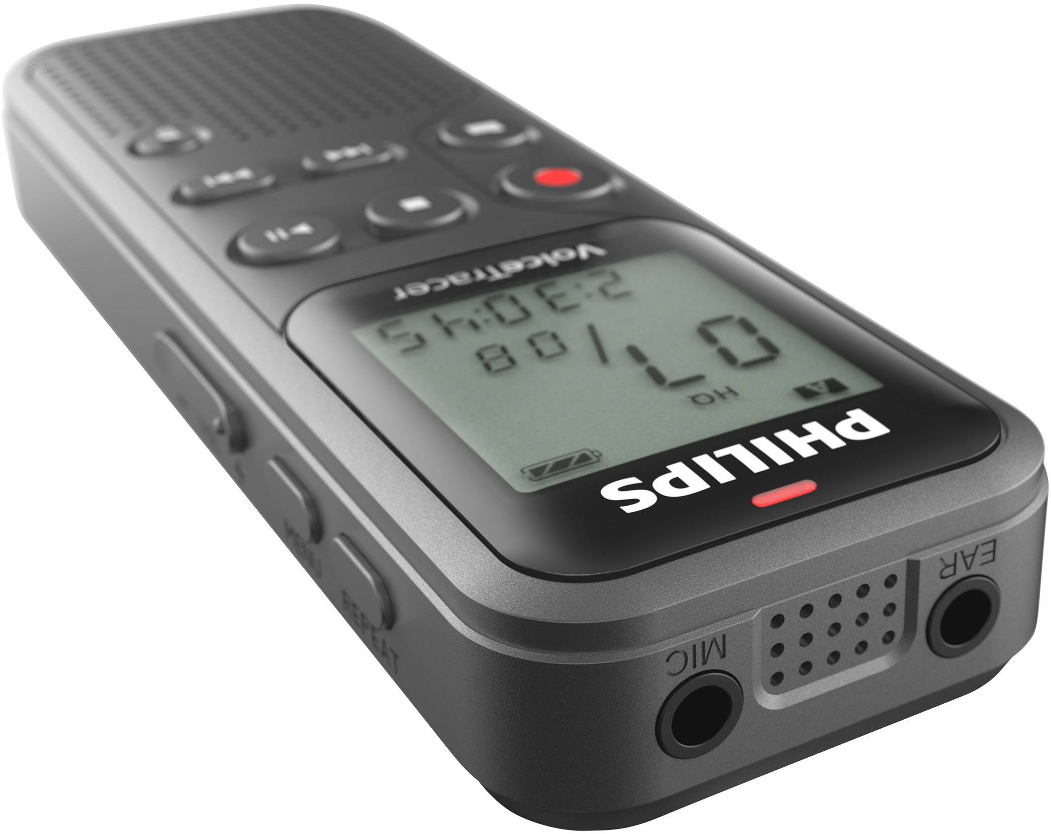 Czarny przenośny dyktafon z wyświetlaczem LCD, kilkoma przyciskami sterującymi oraz złączami dla mikrofonu i słuchawek.