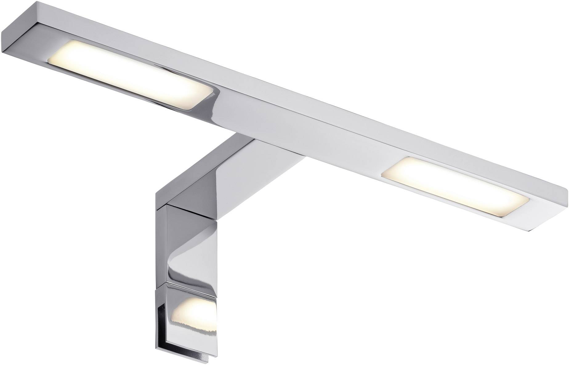Nowoczesna, prostokątna lampa ścienna LED wykonana z metalu z dwoma świecącymi paskami świetlnymi; idealna do oświetlenia łazienki.