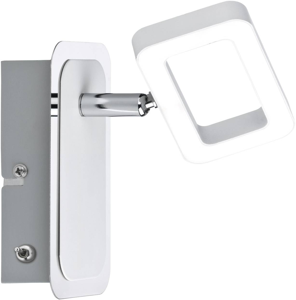 Nowoczesny srebrny kinkiet z kwadratową, obrotową głowicą do kierunkowego oświetlenia. Energooszczędny i stylowy.