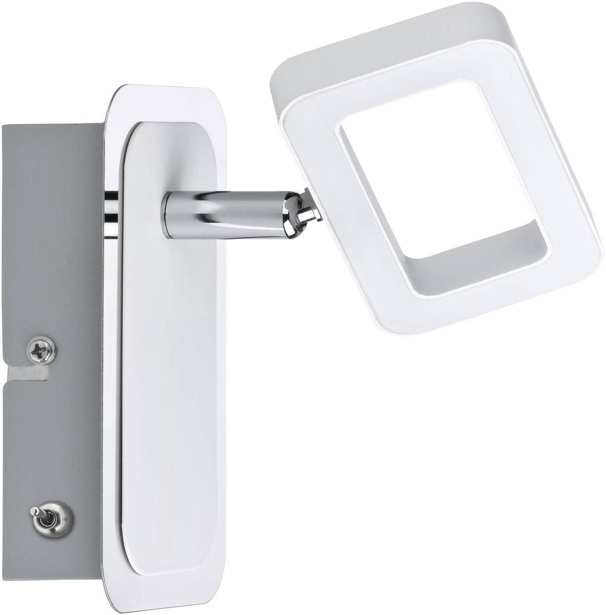 Biała, nowoczesna kinkiet LED z kwadratową, regulowaną jednostką świetlną na srebrnej podstawie, zamontowana na ścianie.