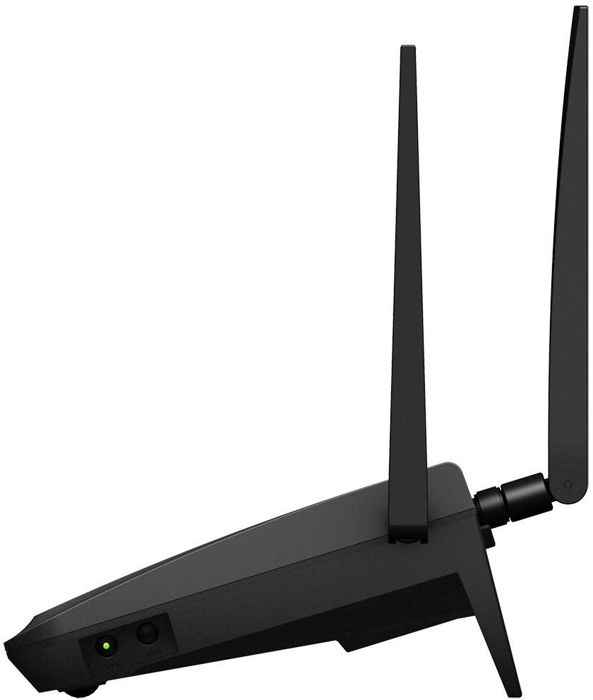 Czarny router Wi-Fi z dwoma dużymi antenami skierowanymi pionowo w górę; przedstawia widok boczny urządzenia.