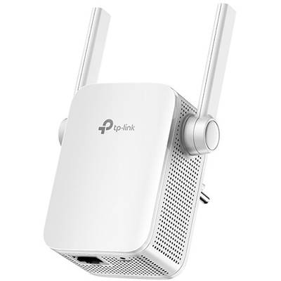Repeater WLAN w kolorze białym z logo TP-Link, dwiema elastycznymi antenami i wzorem otworów wentylacyjnych. Zaprojektowany do rozszerzania zasięgu sygnału WiFi.