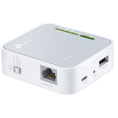 Mały, biały router TP-Link z wieloma portami, w tym WAN/LAN, USB i zasilanie. Idealny do przenośnych połączeń Wi-Fi.