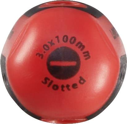 Czerwony uchwyt wkrętaka z napisem '3.0 x 100 mm Slotted', przedstawiający w centrum wkrętak płaski.