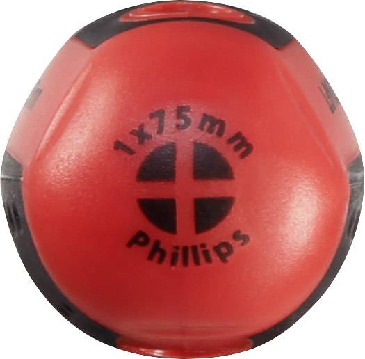 Czerwony uchwyt wkrętaka z napisem '1x75mm Phillips', przeznaczony do wkrętów krzyżowych.