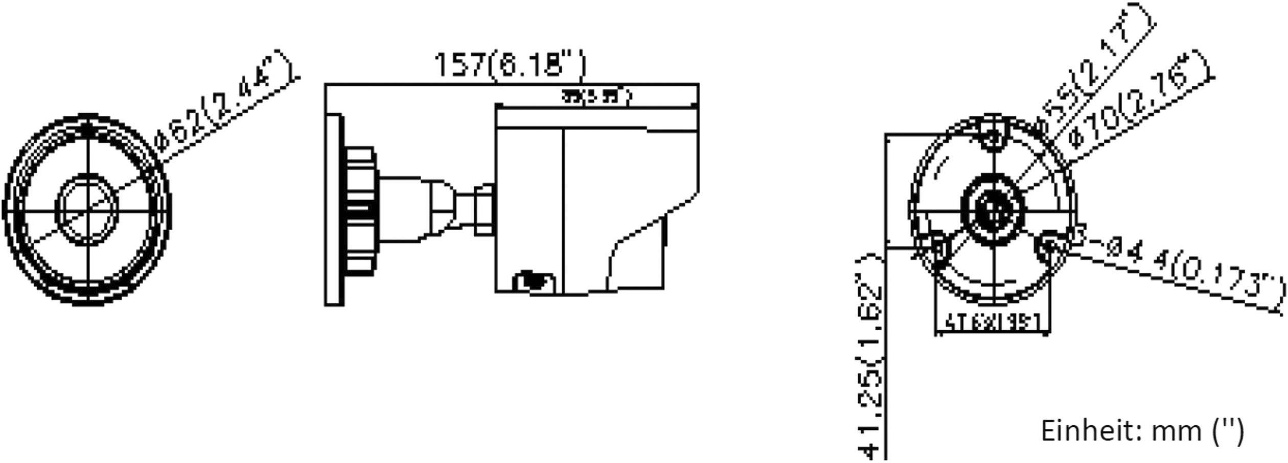 Diagram kamery monitorującej z wymiarami: wysokość 41,25 mm, długość 157 mm. Jednostka: milimetry (").