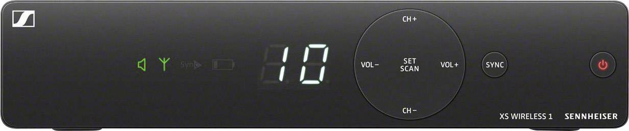 Czarny odbiornik Sennheiser XS Wireless 1 z cyfrowym wyświetlaczem oraz elementami sterującymi głośności, wyboru kanału i synchronizacji.