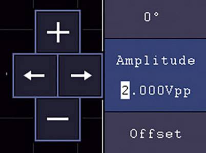 'Amplituda 2.000Vpp' na niebieskim ekranie, otoczona przyciskami sterującymi: Plus, Minus, Lewo, Prawo.
