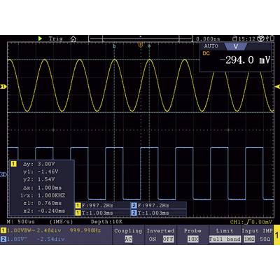 Obraz oscyloskopu przedstawia dwa przebiegi sygnałów: żółtą falę sinusoidalną (997,2 Hz) i niebieską falę prostokątną (997,2 Hz). Dwie różnice napięć.