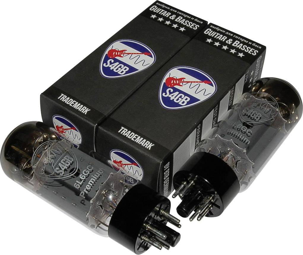 Dwie lampy elektronowe marki S4GB leżą przed czarnymi opakowaniami z logo 'S4GB Guitar & Basses'.